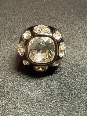90s KJL Kenneth Jay Lane Black & Clear Crystal Gunmetal Cocktail Ring Size 6.25